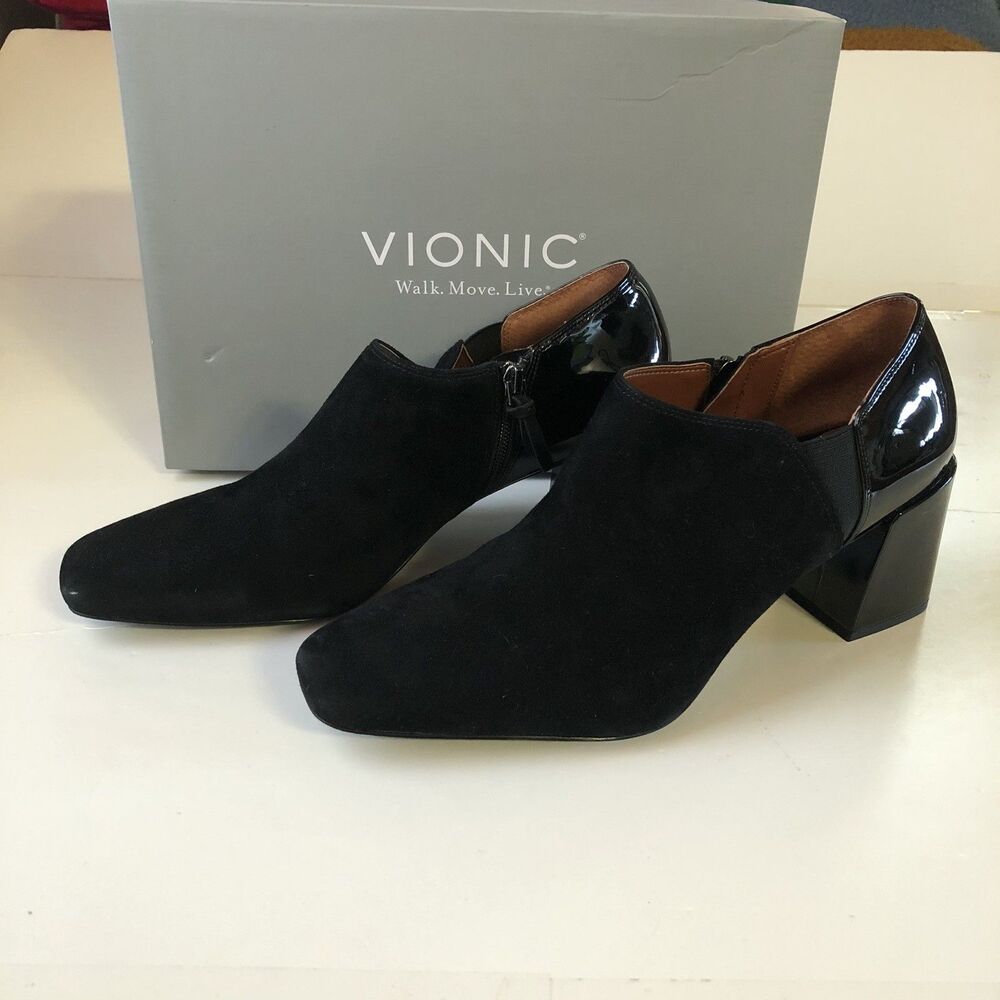 Vionic Linda Suede Patent Black Block Heel Ankle Booties Boots Women's Size 11